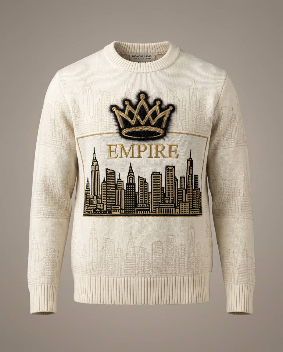 Midnight Crown ivory jacquard knit skyline sweater — black and gold knitted skyline